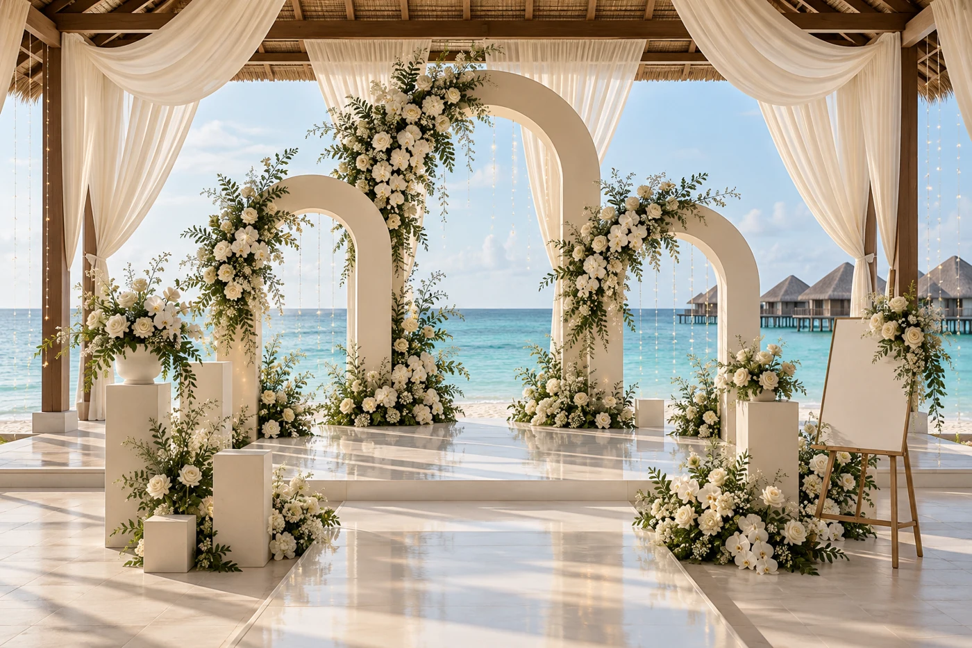 Ivory floral arches and soft draping overlooking a turquoise Maldivian lagoon